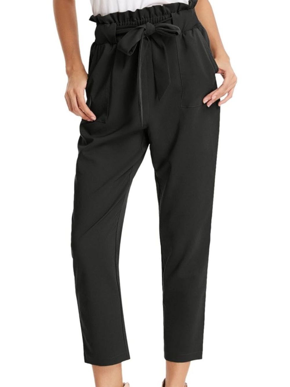 Grace Karin Black Ankle Tie-Waist Tapered Pants